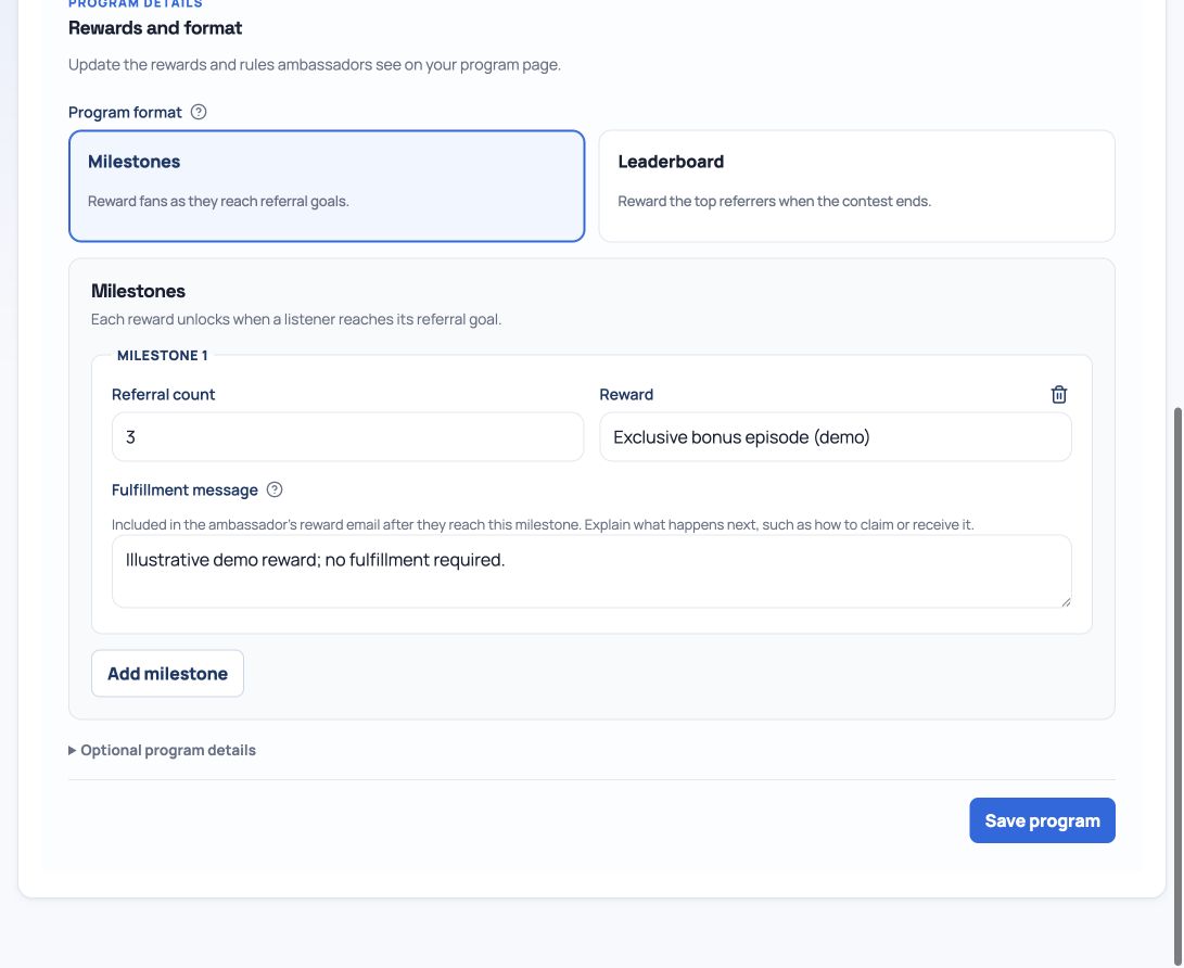 Desktop milestone editor showing a three-referral reward tier.